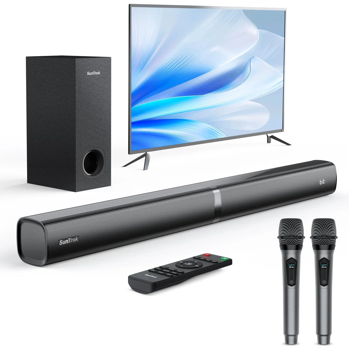 Black soundbar with wired subwoofer and two wireless microphones