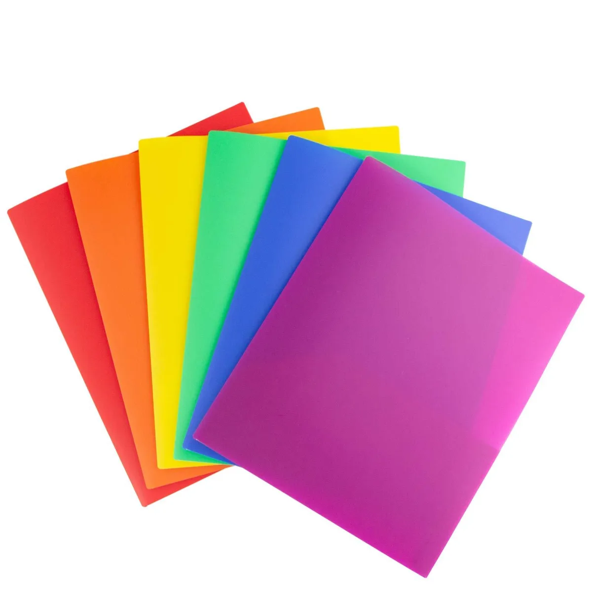 Six assorted-colour plastic two-pocket folders in a stack