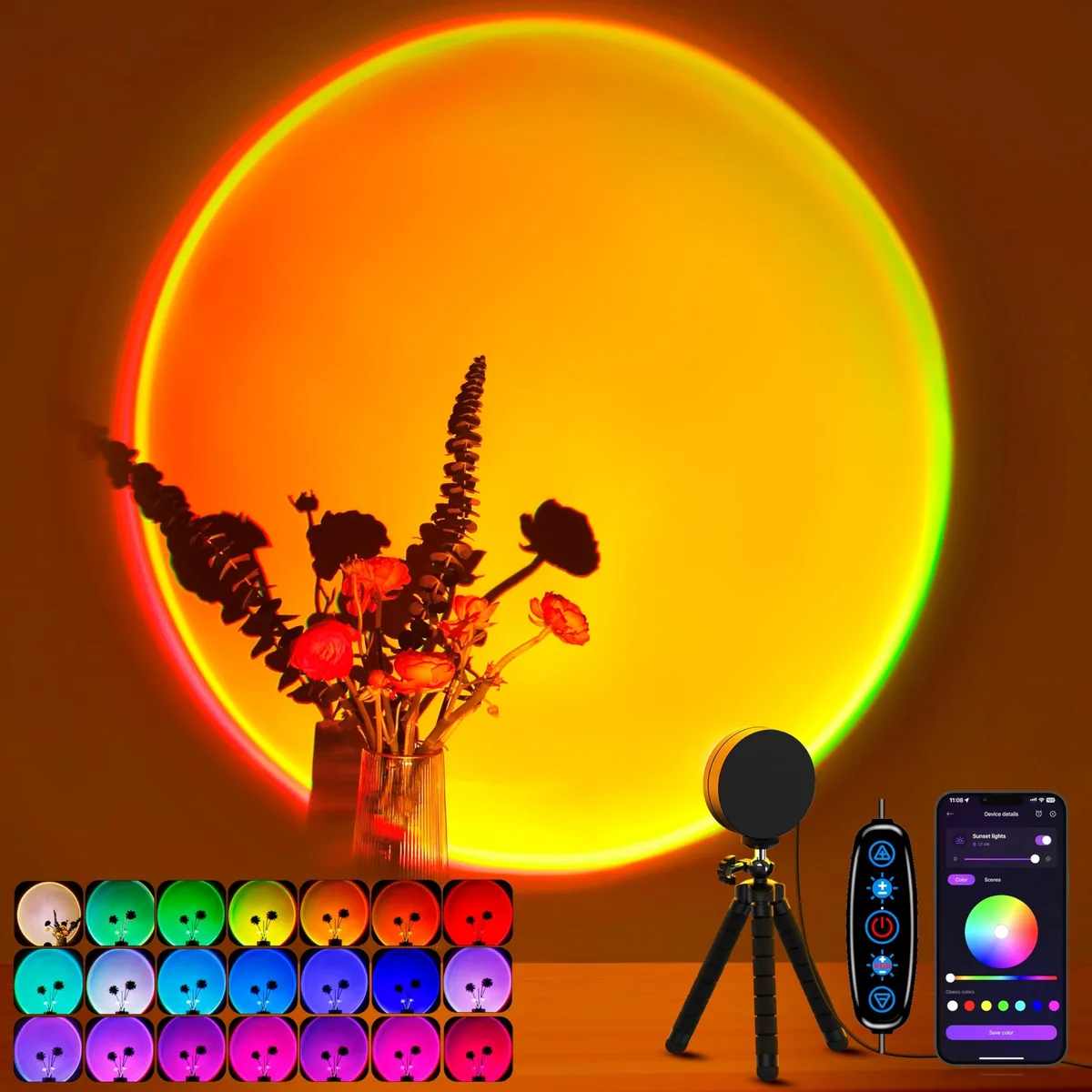  XEBKOR RS07 Sunset Lamp Projector 21 Colors 360° APP Control 9.65"H 281g — product photo