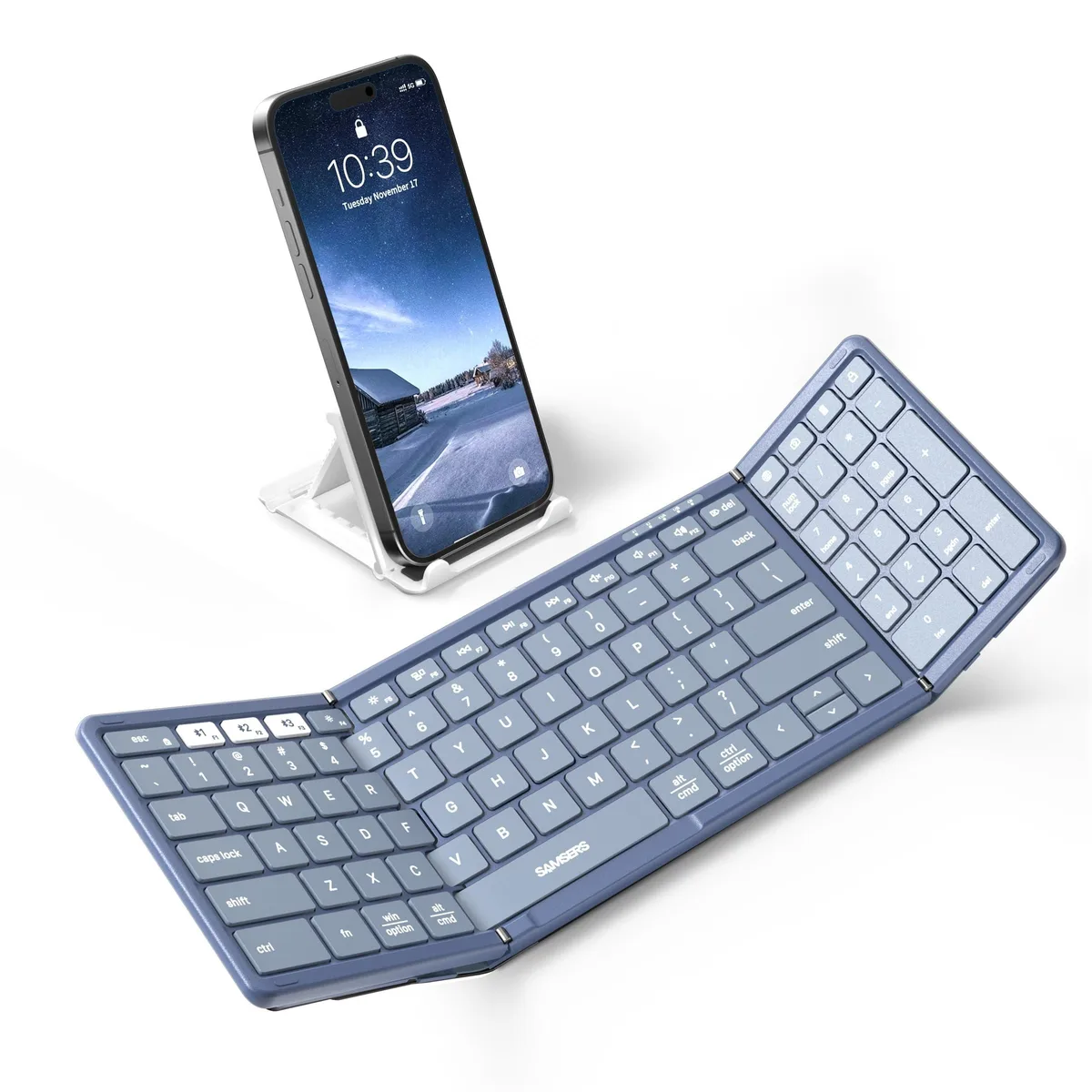 Blue foldable Bluetooth keyboard with numeric keypad, PU leather finish