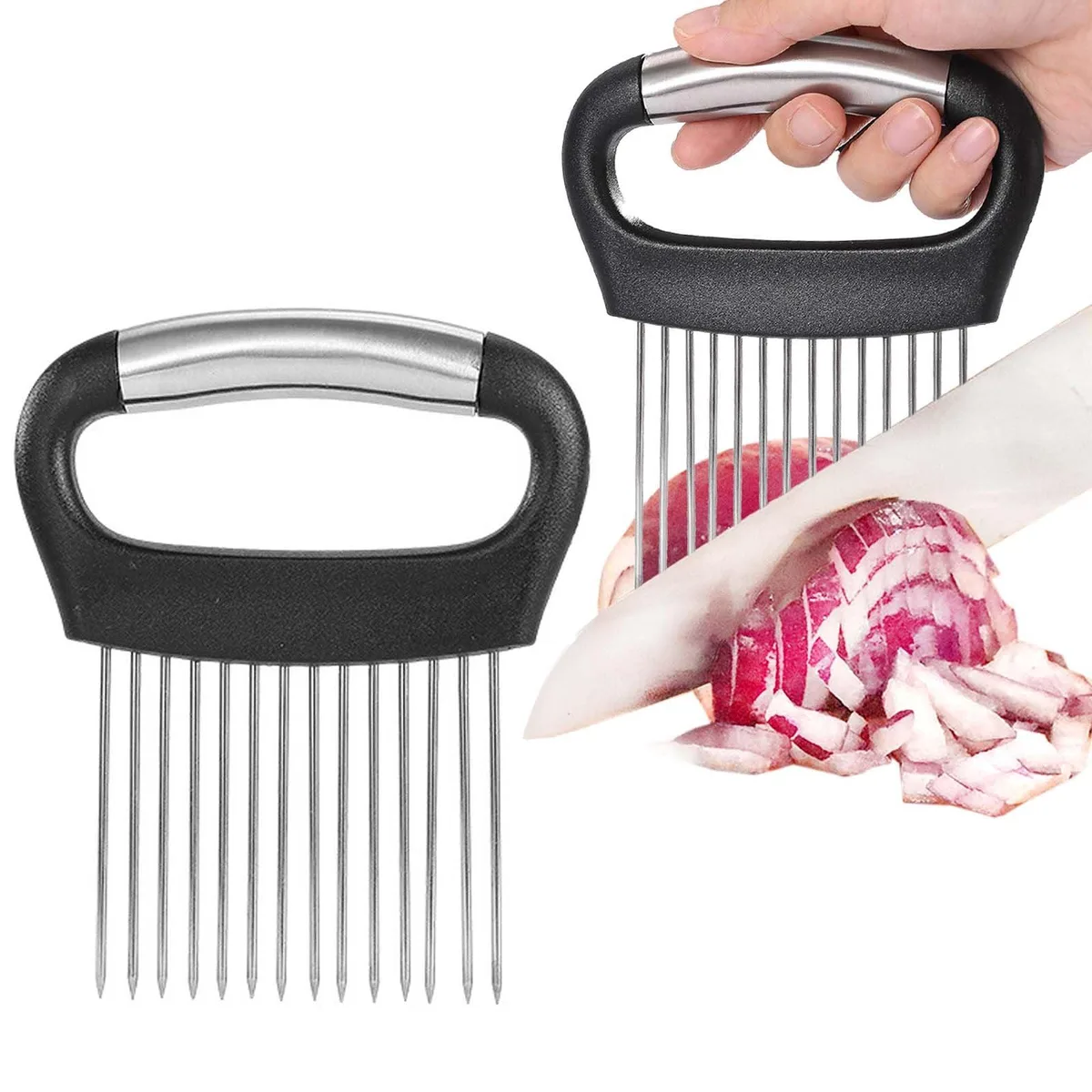 Silver stainless steel onion holder with 14 long needles and grip handle