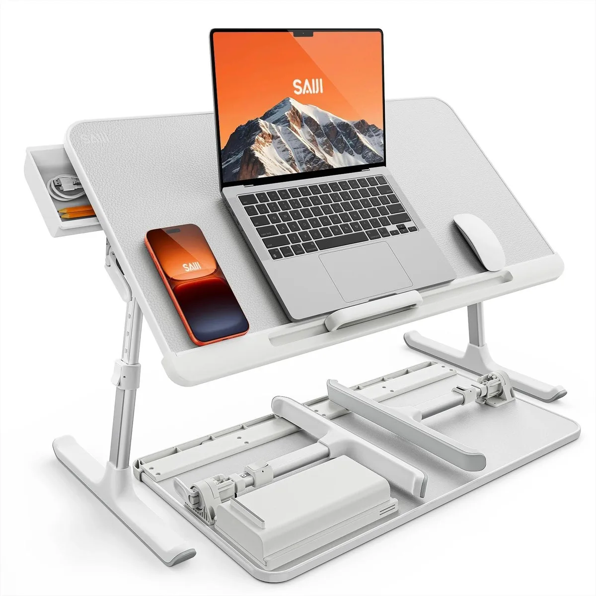White rectangular laptop table with foldable legs, PVC leather top, side drawer and front stopper