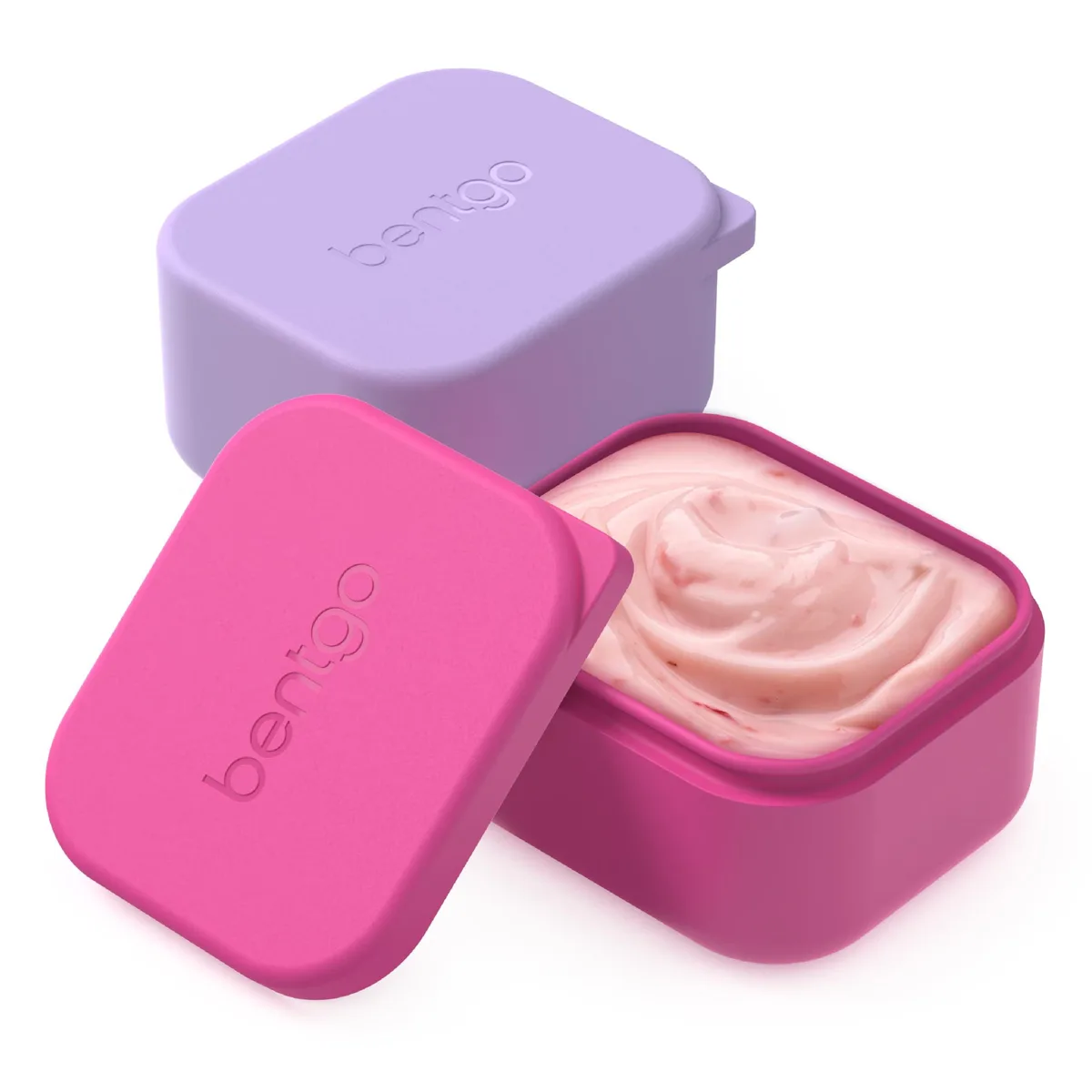 Two small round lavender and pink silicone containers with lids