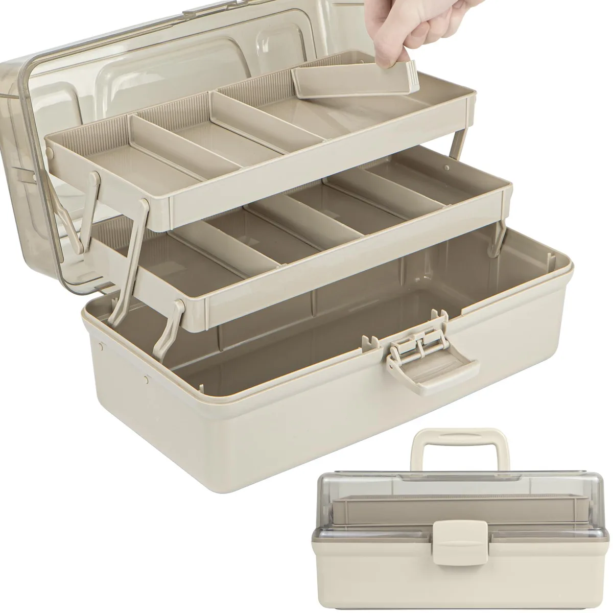 Brown plastic three-layer tool box with folding trays and handle