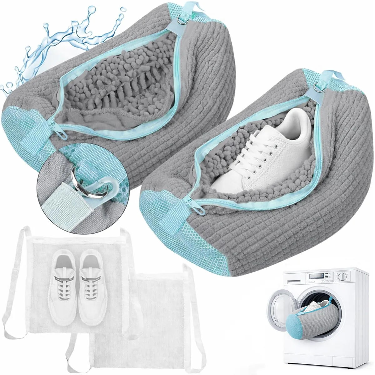 Two grey zippered shoe laundry bags with mesh drying nets, folded flat