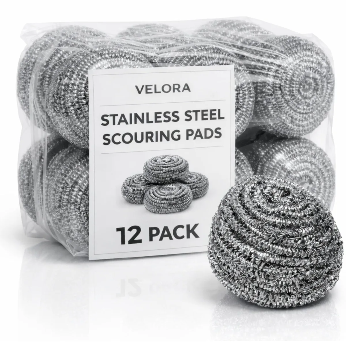 Twelve stainless steel scouring pads individually wrapped in a pack