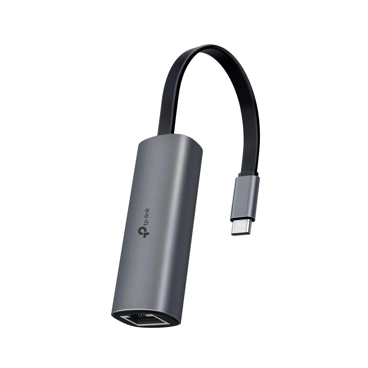 Black rectangular adapter with USB-C plug and RJ45 port, aluminum case