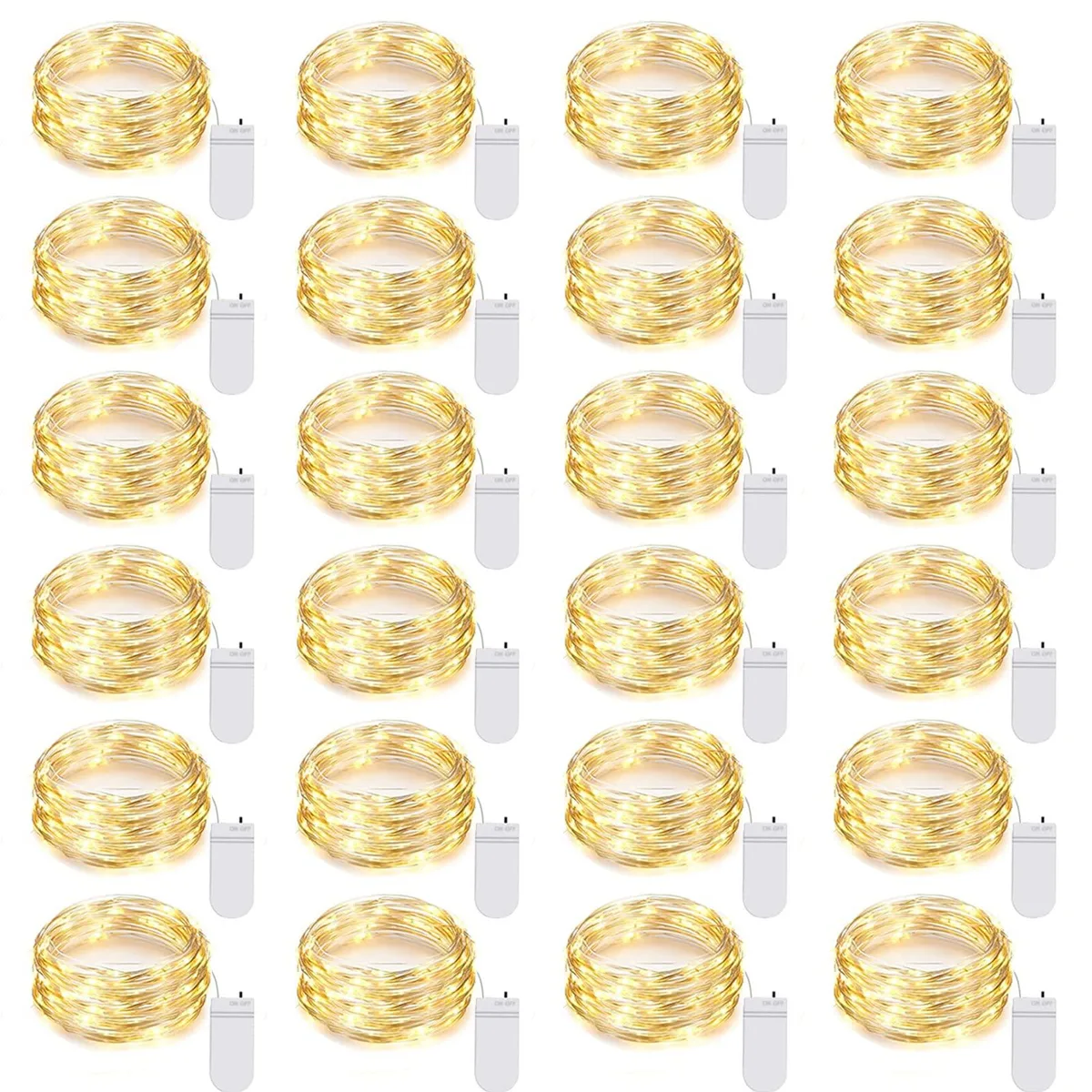 Twenty-four packs of 7-foot silver wire with twenty warm-white LEDs each, battery cases attached