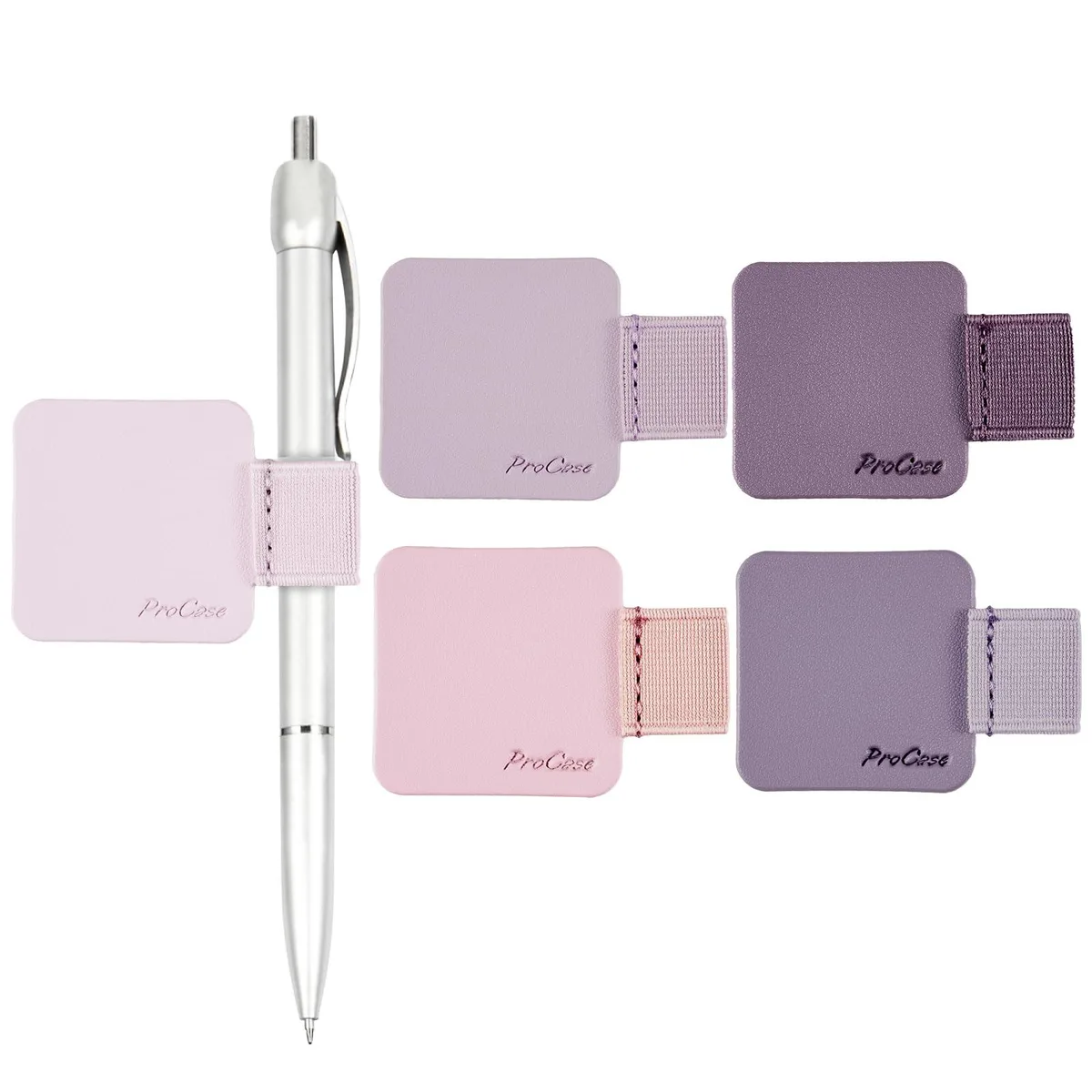 Five purple faux-leather pen loops with elastic bands, self-adhesive backing visible