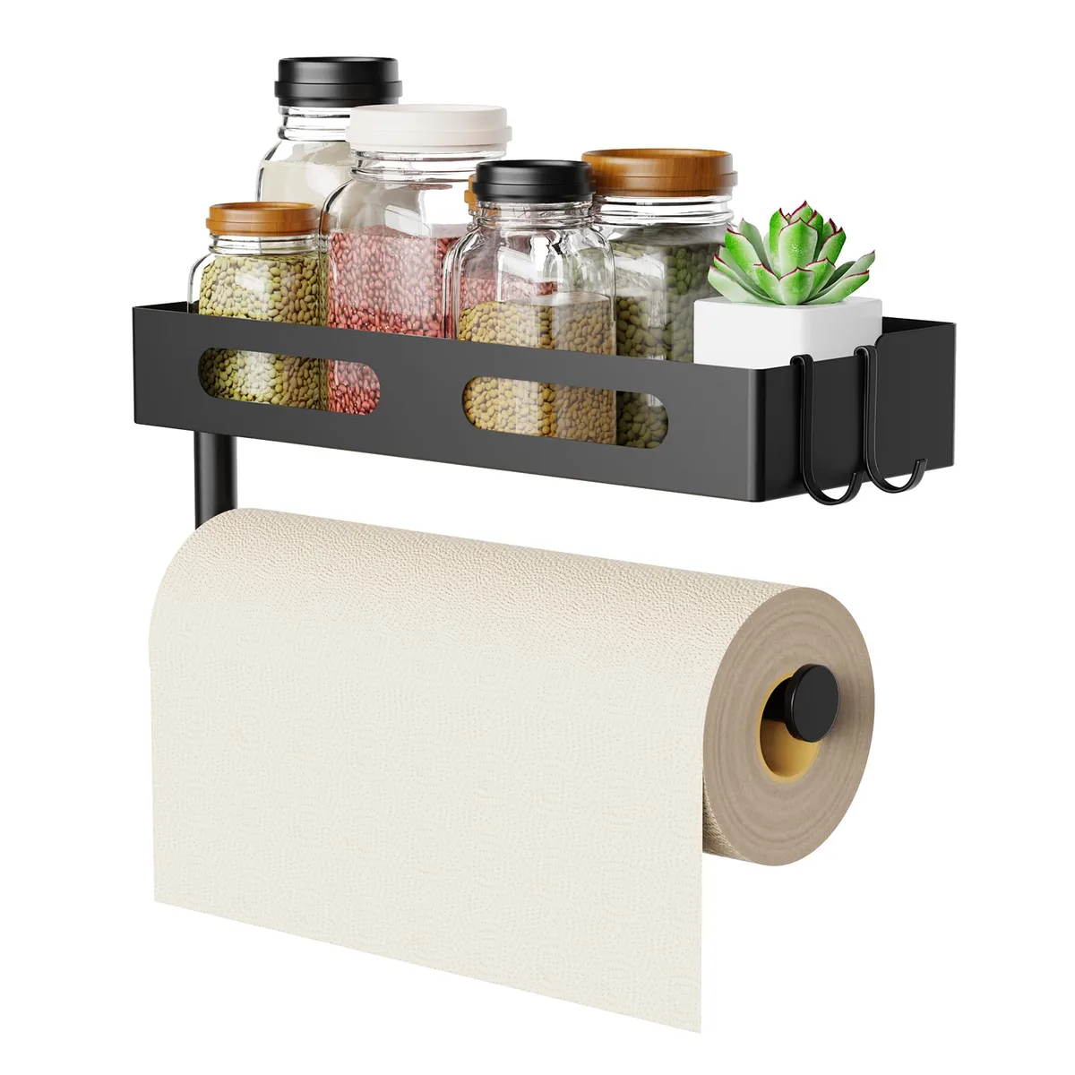 Matte black metal paper towel holder with shelf and two hooks, wall mounted