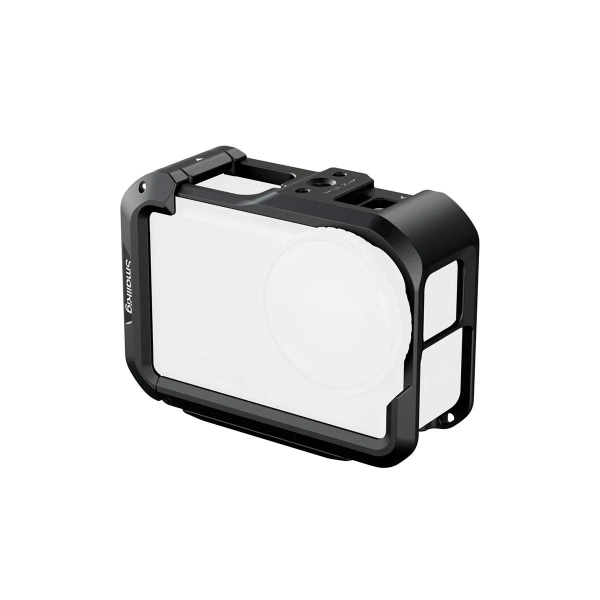 Aluminium cage enclosing a DJI Osmo Action 6 with cold shoe and quick-release mounts