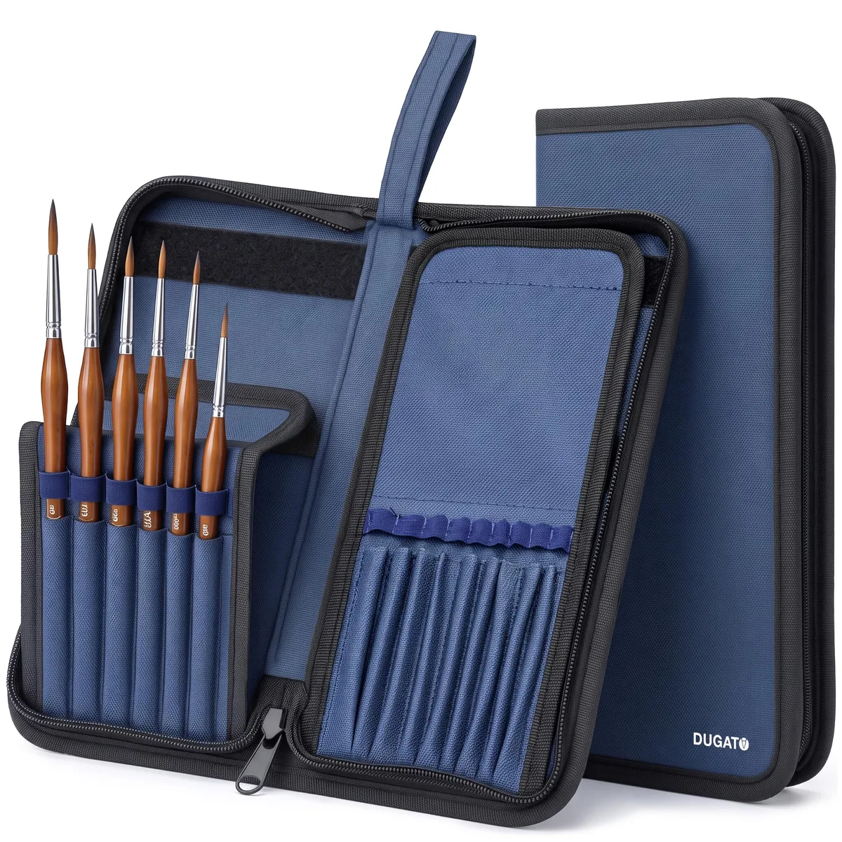 Blue canvas brush organiser case with zip closure and pop-up flap stands, 5.4 by 10.7 inches