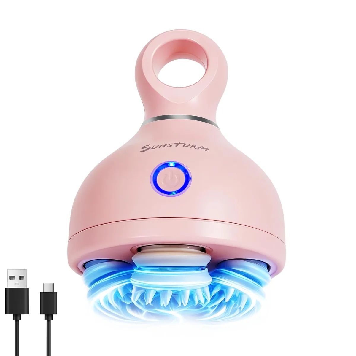Pink handheld scalp massager with four silicone heads and 84 nodes