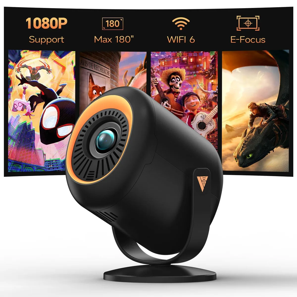 Black rectangular LCD projector with rounded edges, front lens and side vents