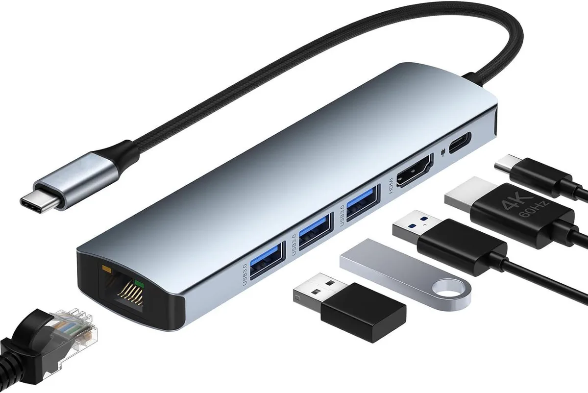 WRIARICH WRIARICH 6-in-1 USB-C Type-C to Gigabit Ethernet Adapter, 3-Port USB 3.0 4K HDMI, 100W PD, Compatible Pro/Air — product photo