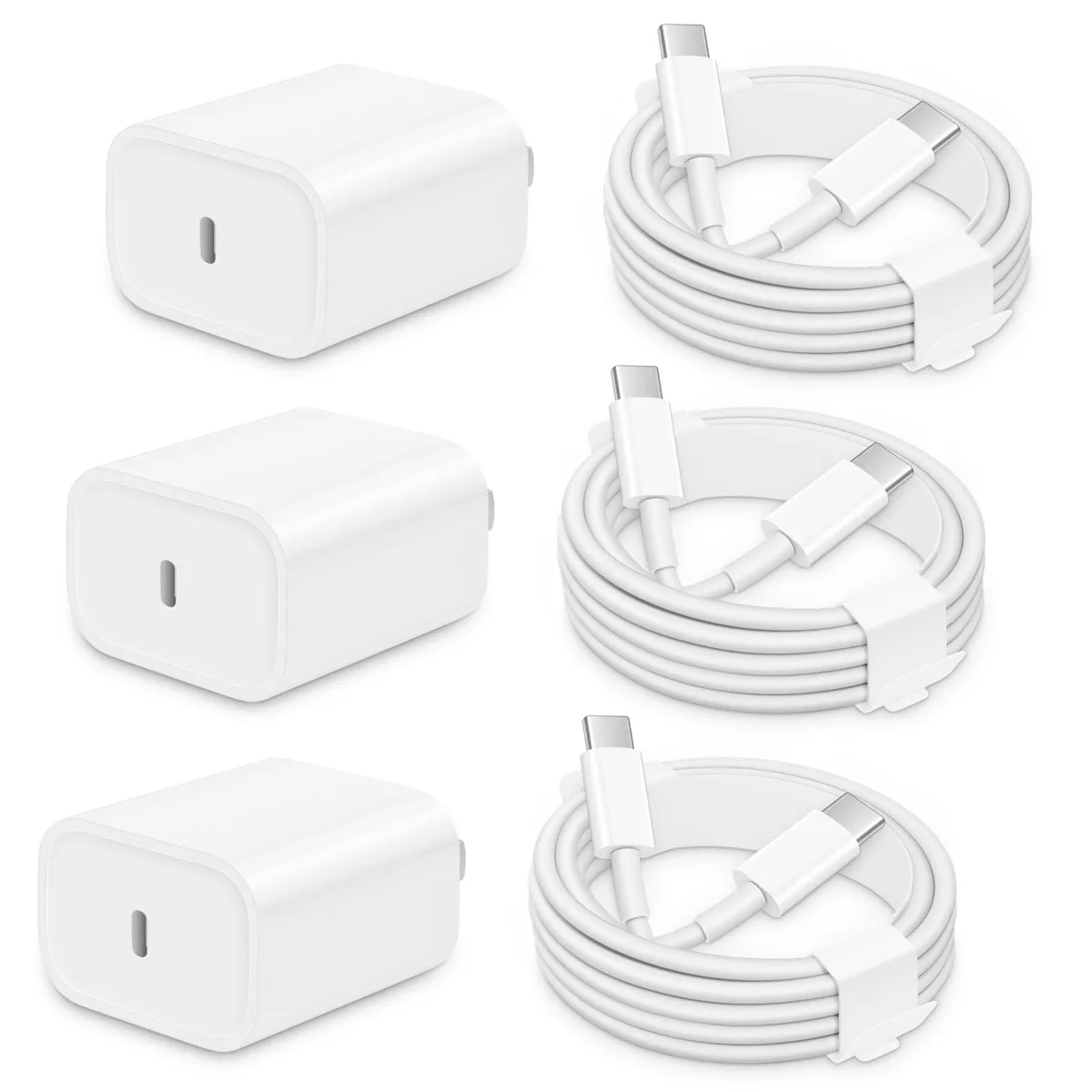 Three white USB-C wall chargers with matching six-foot cables
