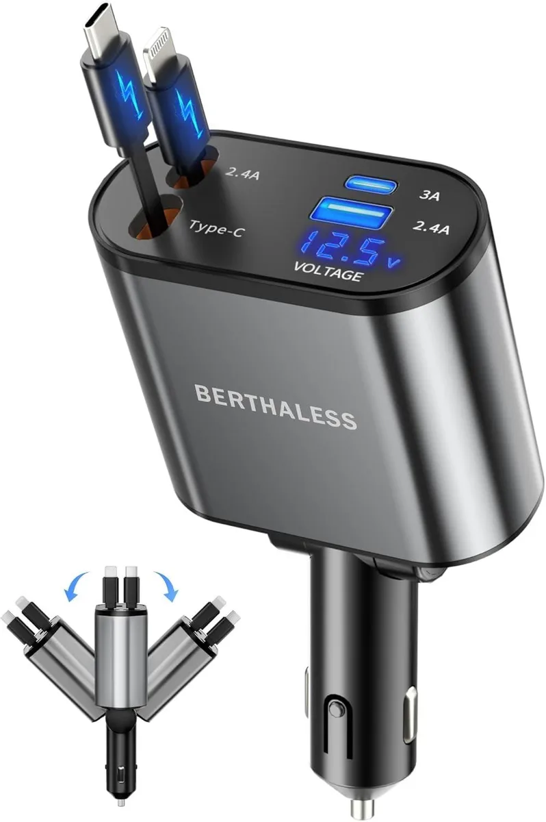 Hamzan Hamzan Retractable Car Charger 4 in 1 USB-C USB-A 80cm 180° 12-24V — product photo