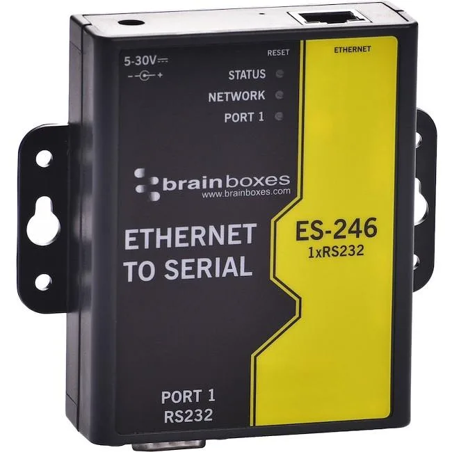 Small black rectangular box with DB9 male connector and Ethernet port