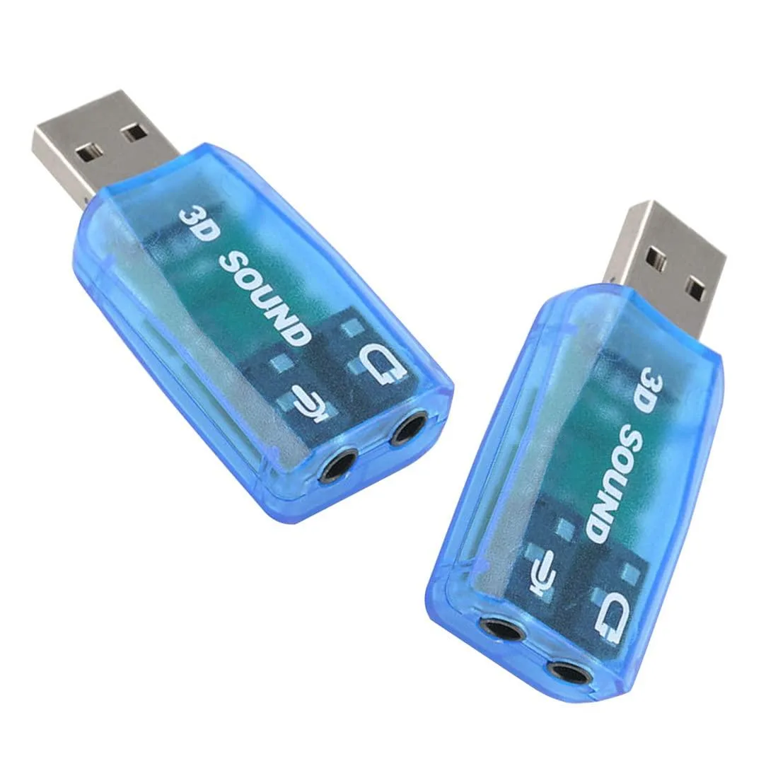 Small black USB dongle with two 3.5mm jacks