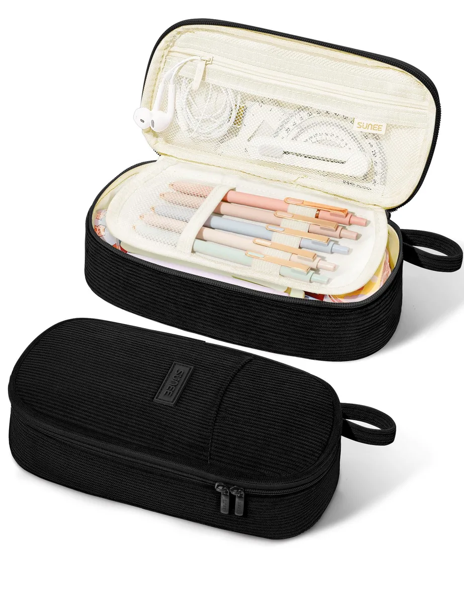  SUNEE S-P1132 Corduroy Pencil Case 9x4.5x2.5in Coal Black — product photo