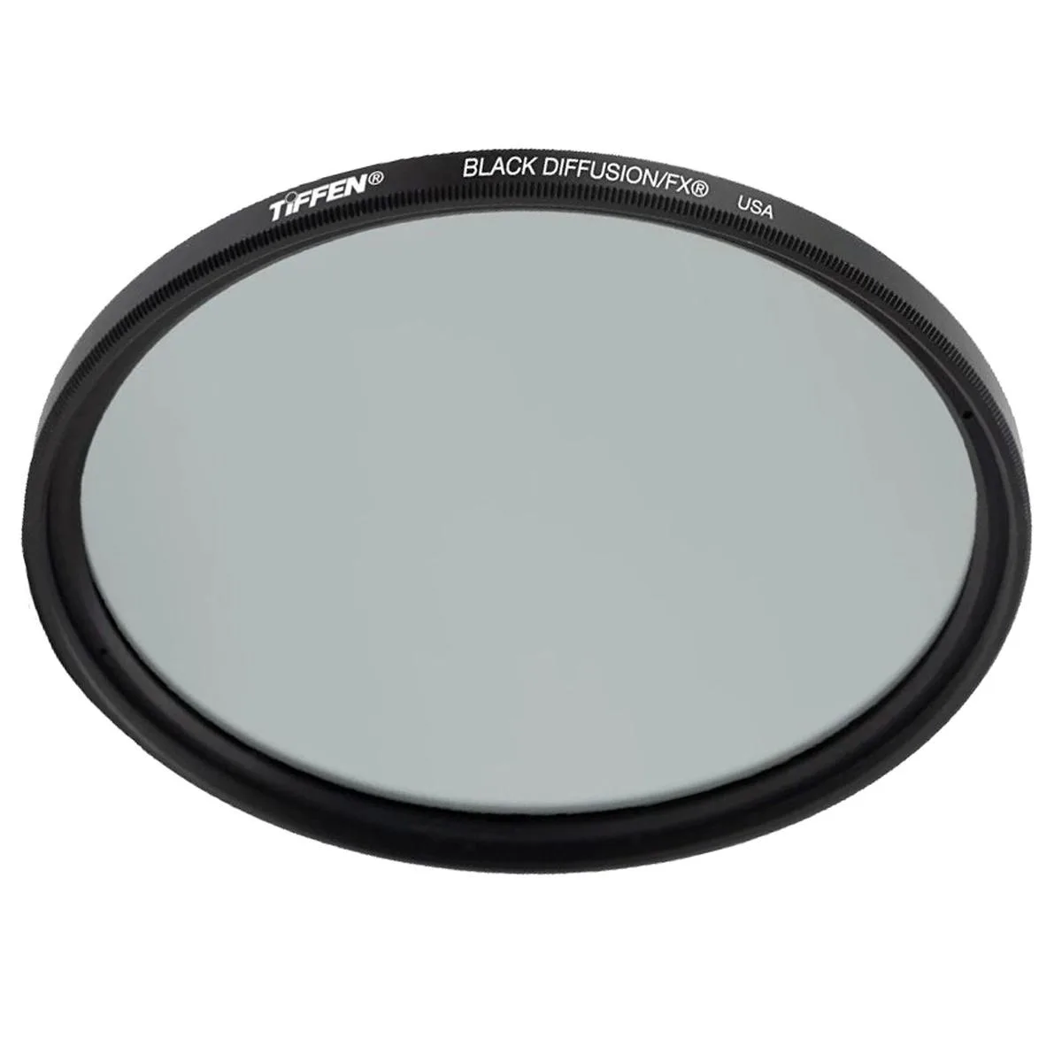 A round 55mm black diffusion camera filter in a metal frame