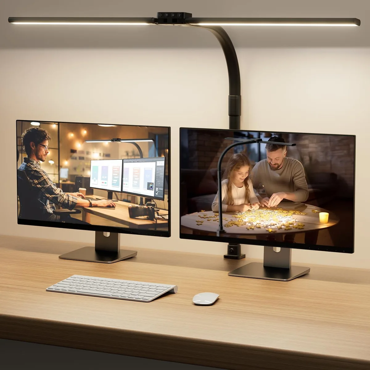 Black clamp desk lamp with two adjustable LED bars and gooseneck arms