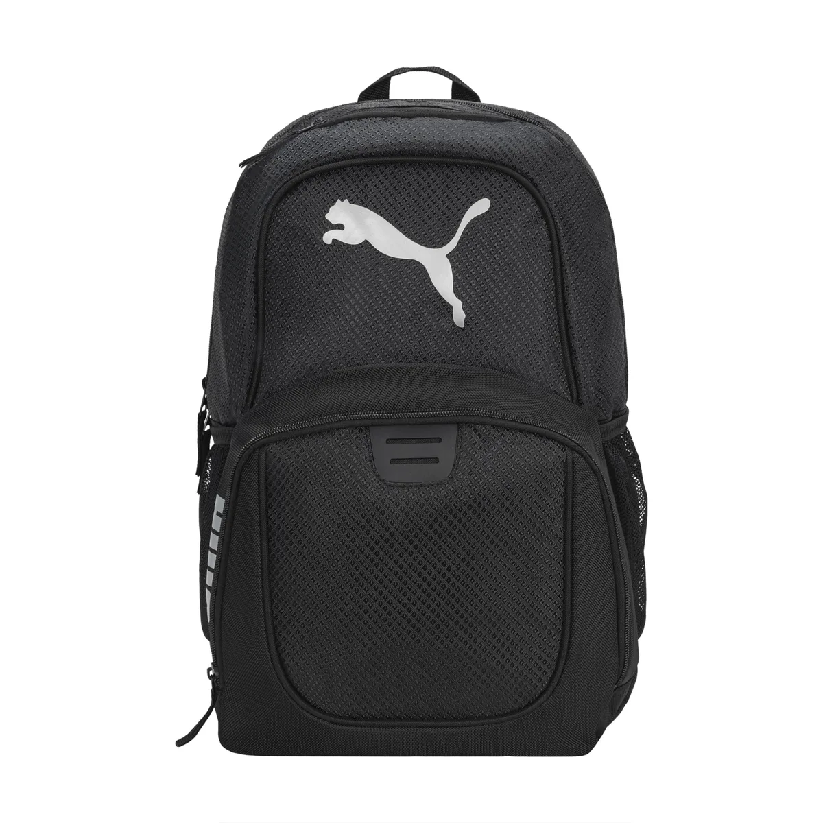 Black polyester backpack with laptop sleeve, 20L capacity, waterproof finish