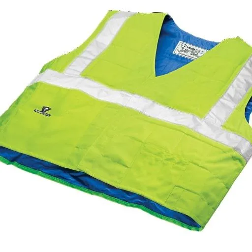 Hi-vis yellow polyester evaporative cooling vest with hook-and-loop closure and front pockets