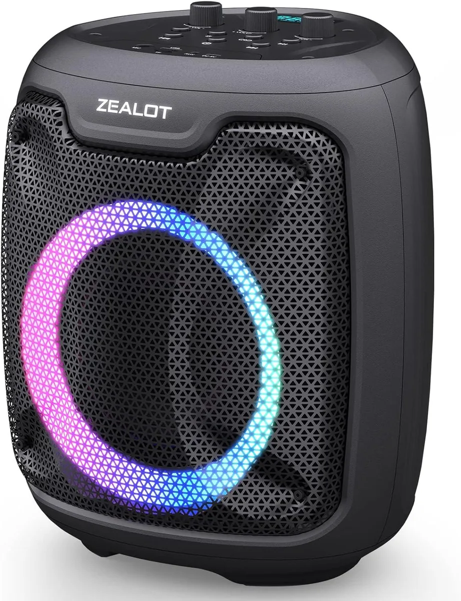 Rectangular black speaker with carry handle and LED light panel