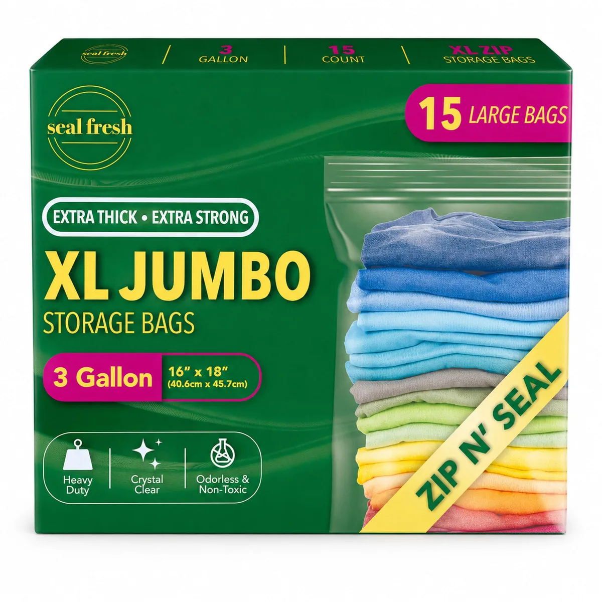 Clear 3-gallon LDPE zip bags, 16 by 18 inches, pack of 15