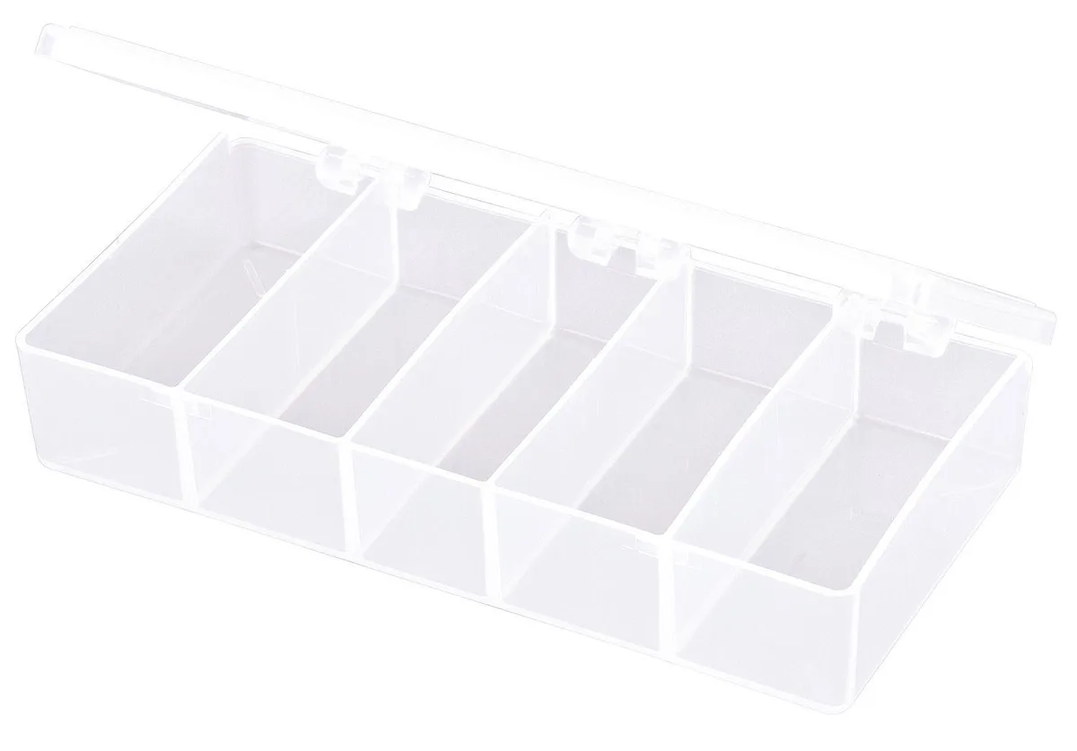 Clear plastic compartment box with five fixed sections and snap closure