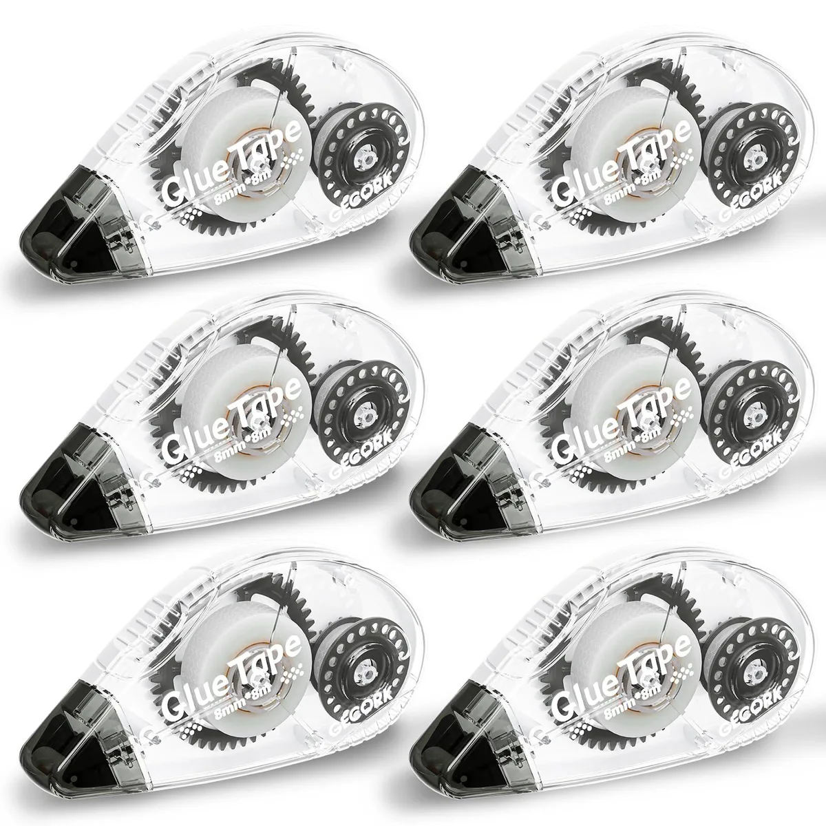 Six grey plastic double-sided glue tape rollers in a pack