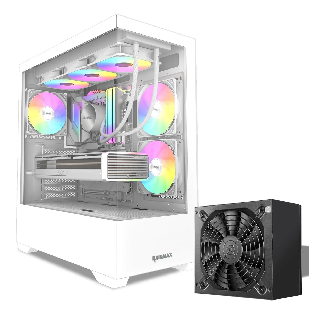 Raidmax Raidmax I801 White Panoramic PC Case 700W 80+ Gold PSU 3 x 120mm ARGB Fans 240 360mm Liquid Cooler Support — product photo