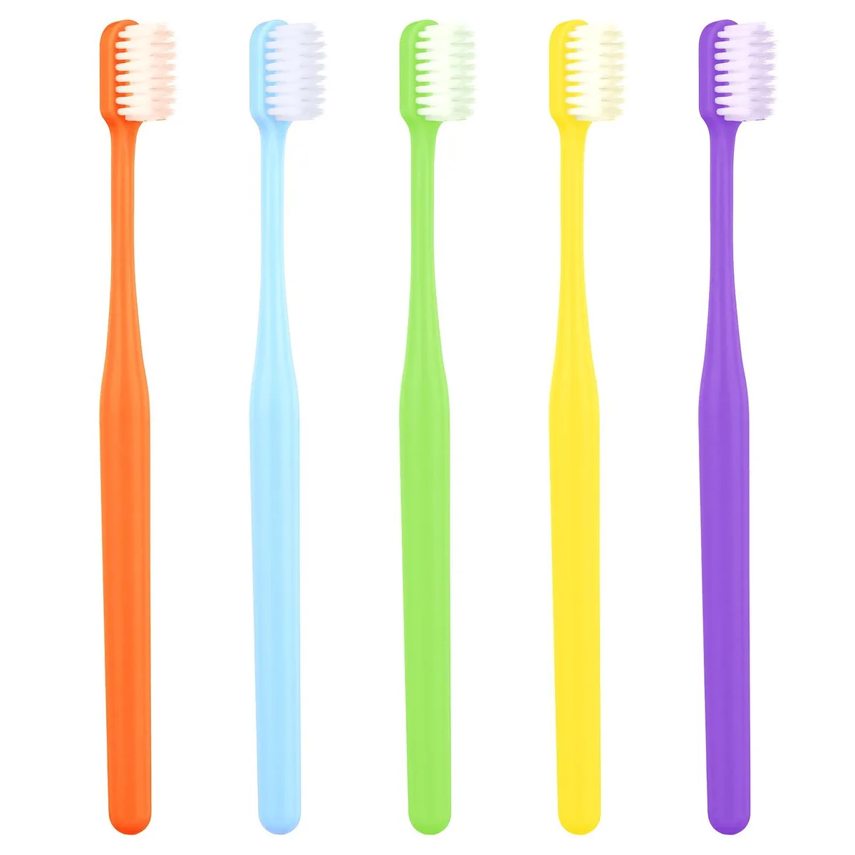 Five colourful manual toothbrushes with soft bristles and plastic handles in a pack