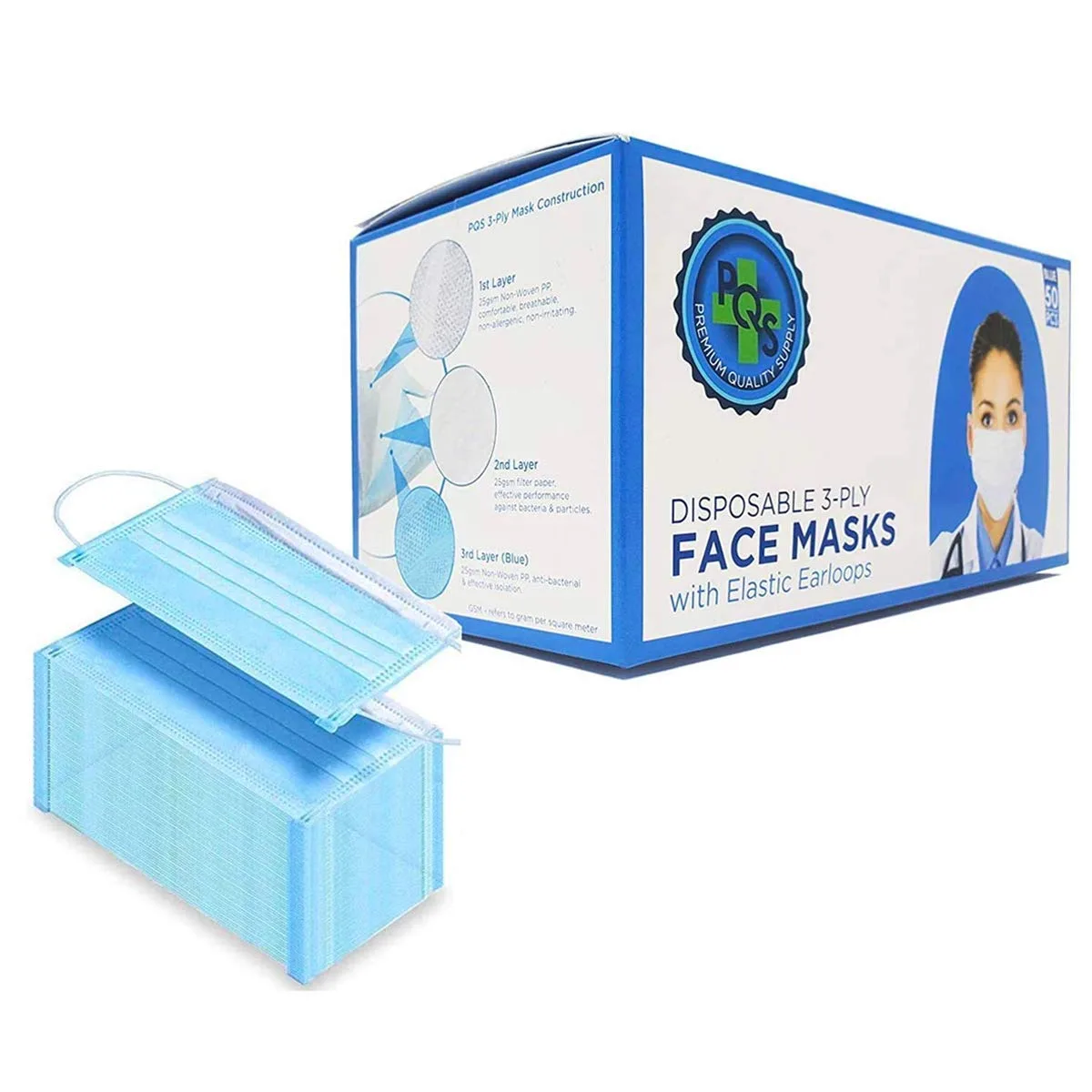 Blue 3-ply disposable face masks, 50-count box