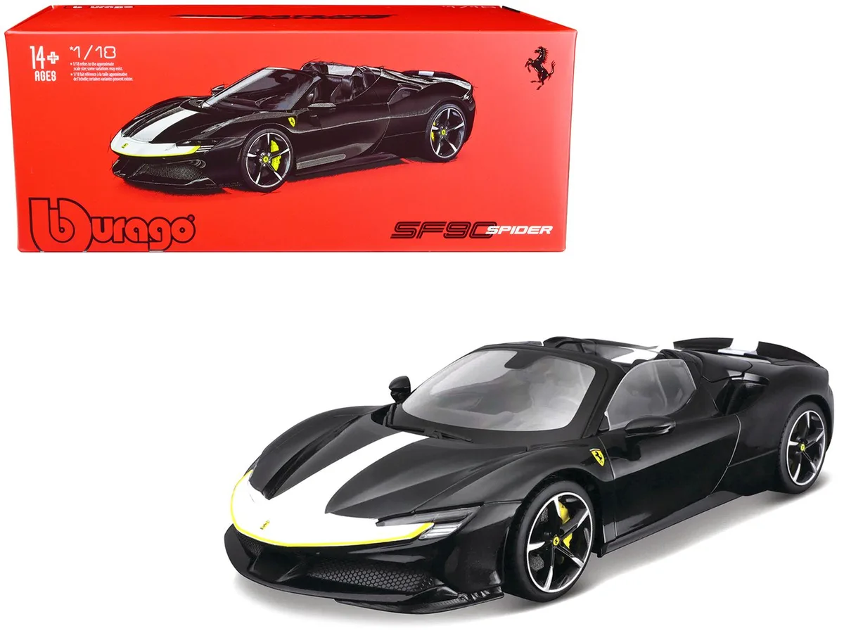 BBURAGO BBURAGO Ferrari SF90 Spider Assetto Fiorano Black Metallic White Stripes Signature Series 1/18 Diecast — product photo