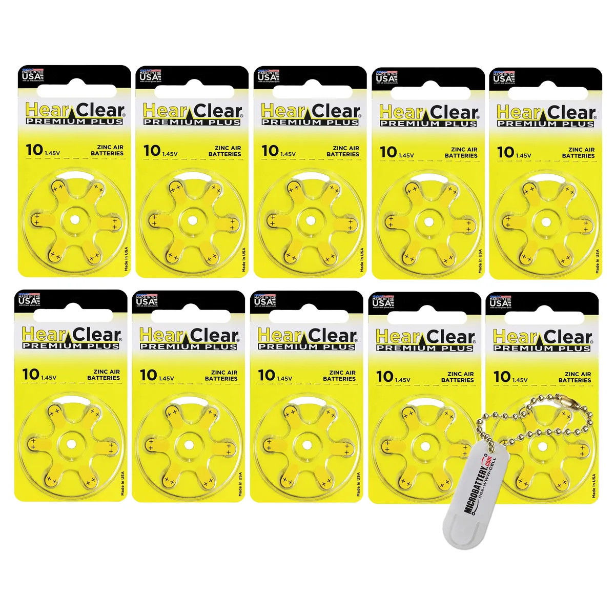 HearClear Battery HearClear Battery Size 10 PR230 Hearing Aid Batteries Yellow Tab + Keychain 60 Pack — product photo