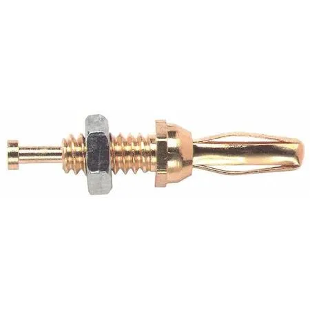 Ten amber mini banana plugs with gold-plated brass bodies and threaded studs