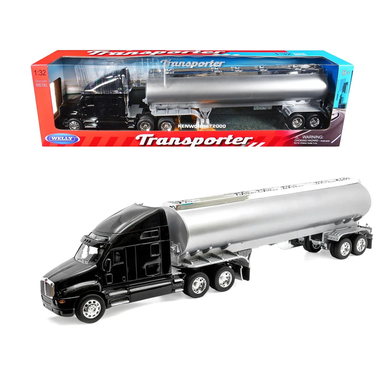 WELLY WELLY Kenworth T2000 Truck Black Silver Tanker Trailer Transporter 1/32 Diecast — product photo