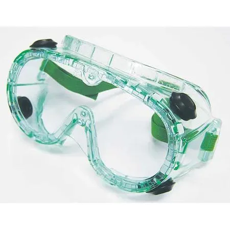 Green PVC OTG safety goggles with clear uncoated lens and elastic strap