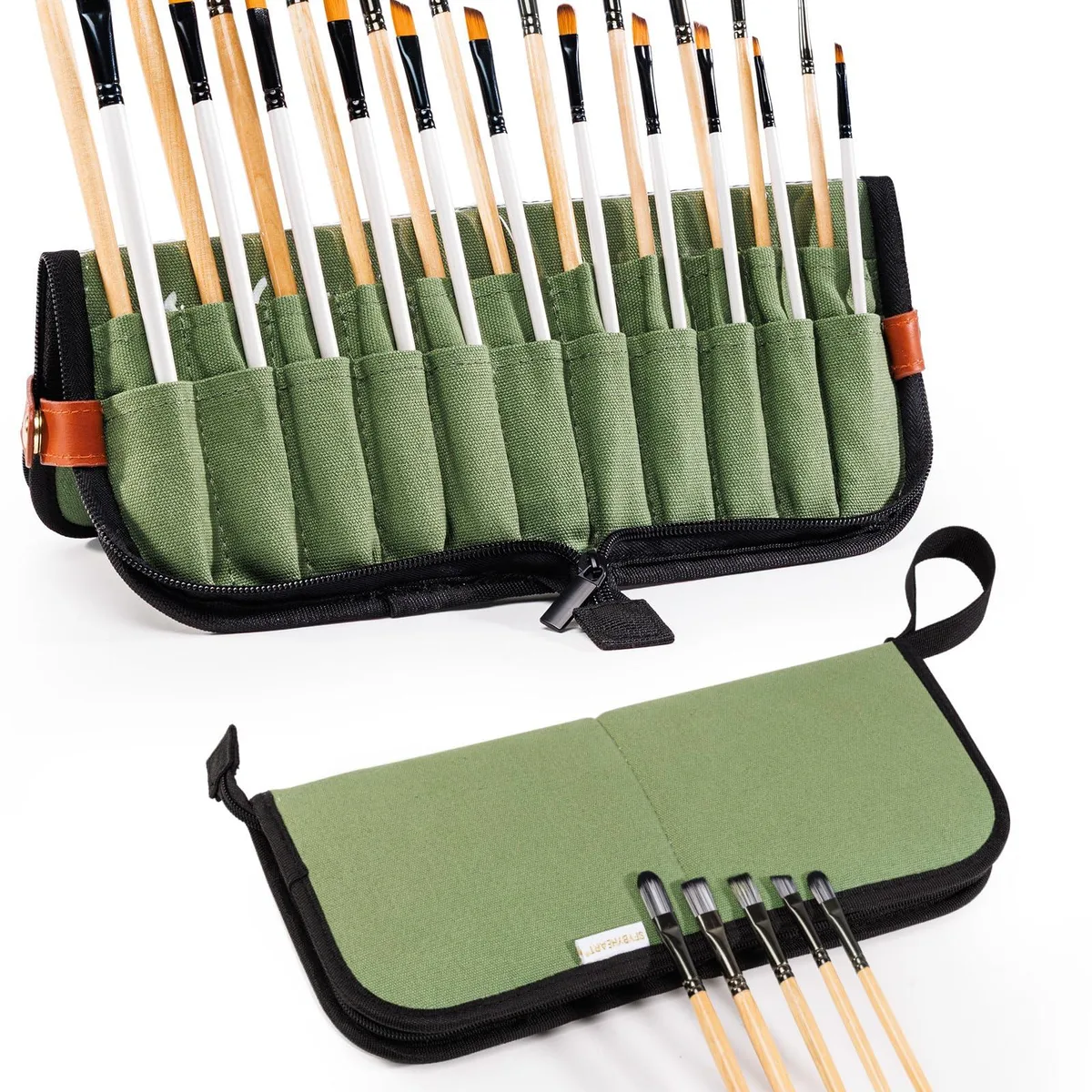 Canvas brush organiser with pop-up stand, 22 elastic slots, silver finish