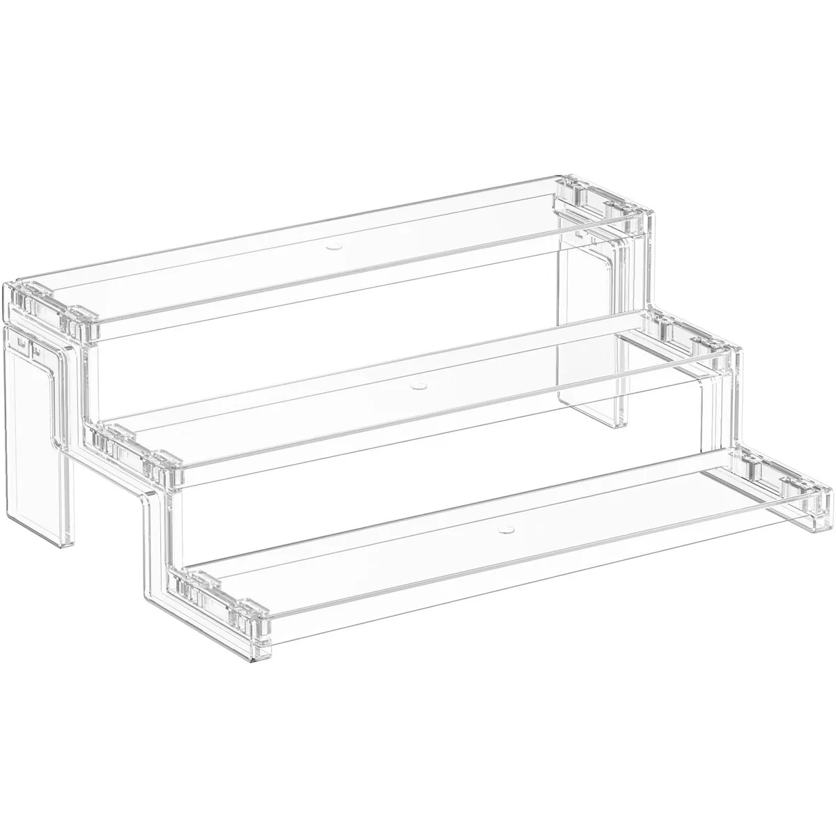 Clear three-tier plastic display stand, 30.5 by 21 by 11 centimetres
