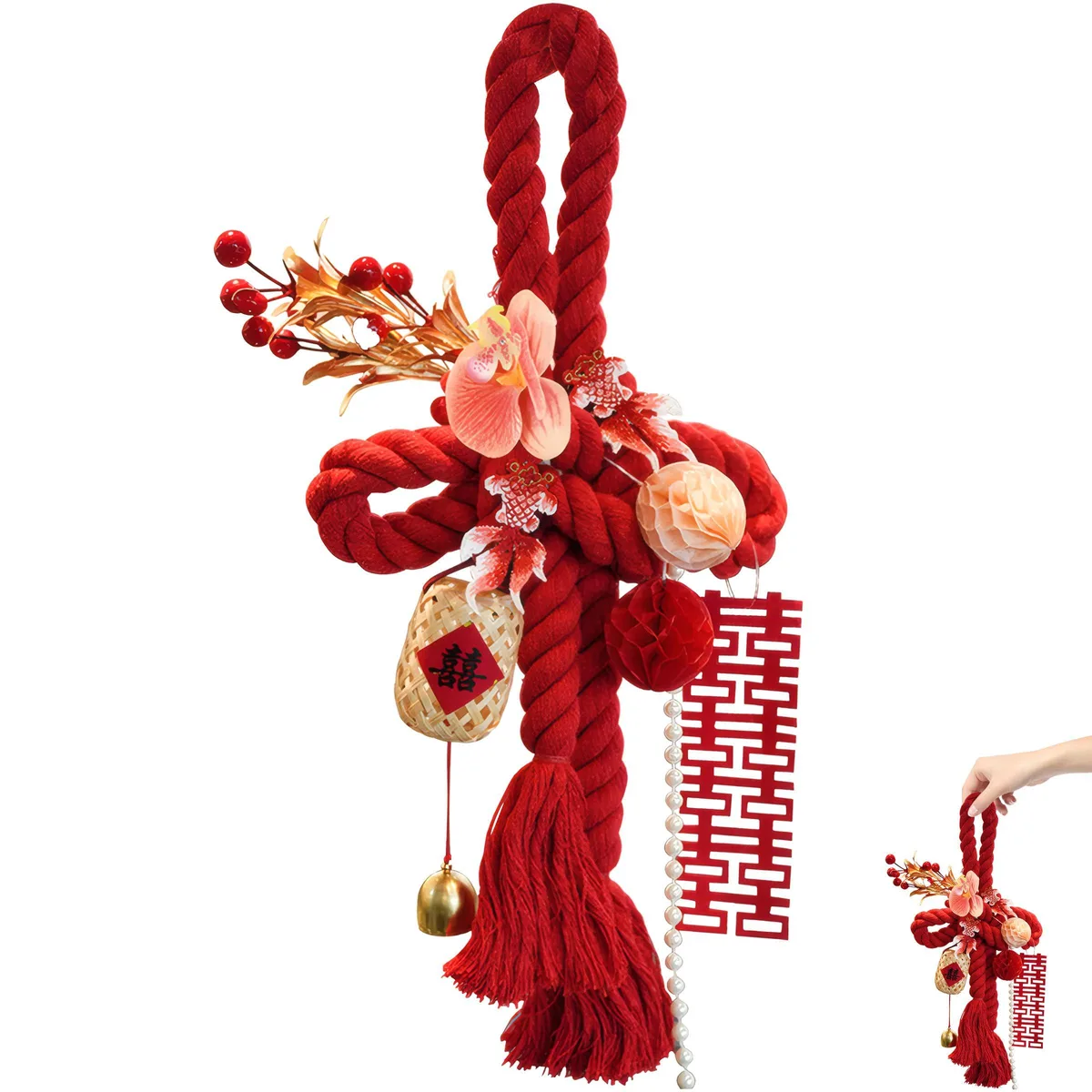 Red hand-woven Wanzi knot ornament, 42x13x2 cm