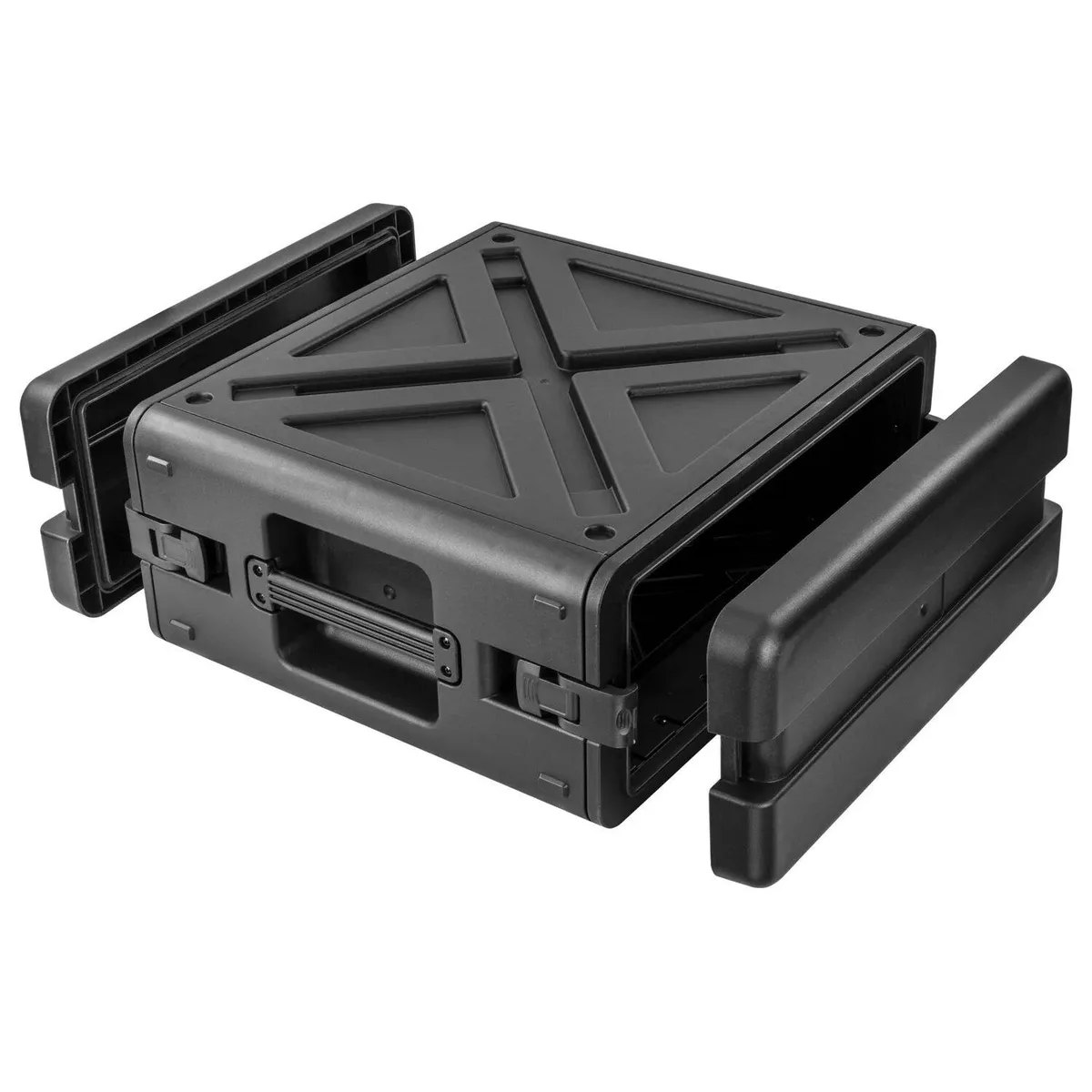 Black watertight 4U rack case, injection-molded polymer, 18.5" rail depth, front and rear doors, sturdy handle