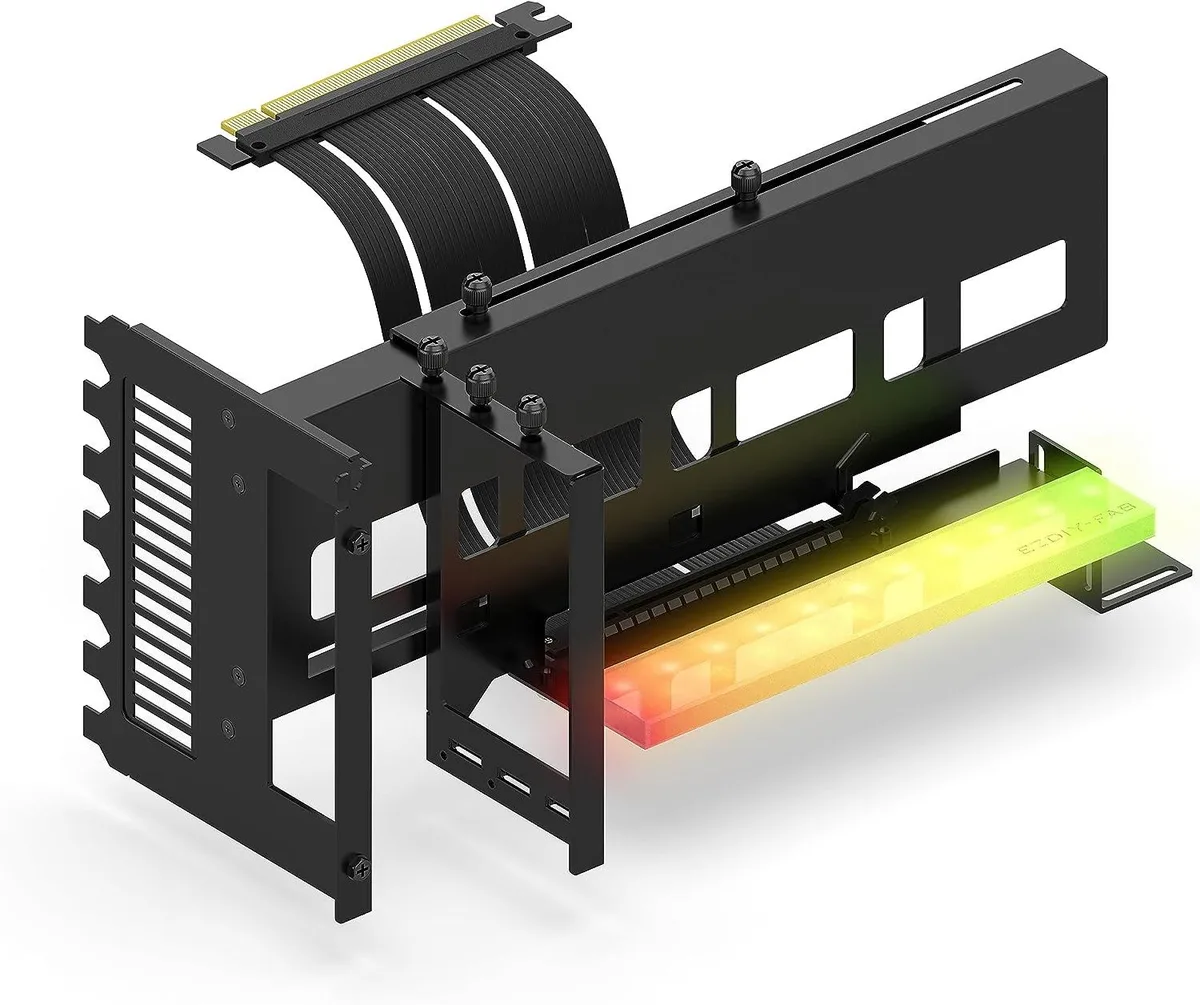 Black vertical GPU bracket with ARGB lighting and 17cm PCIe 4.0 riser cable