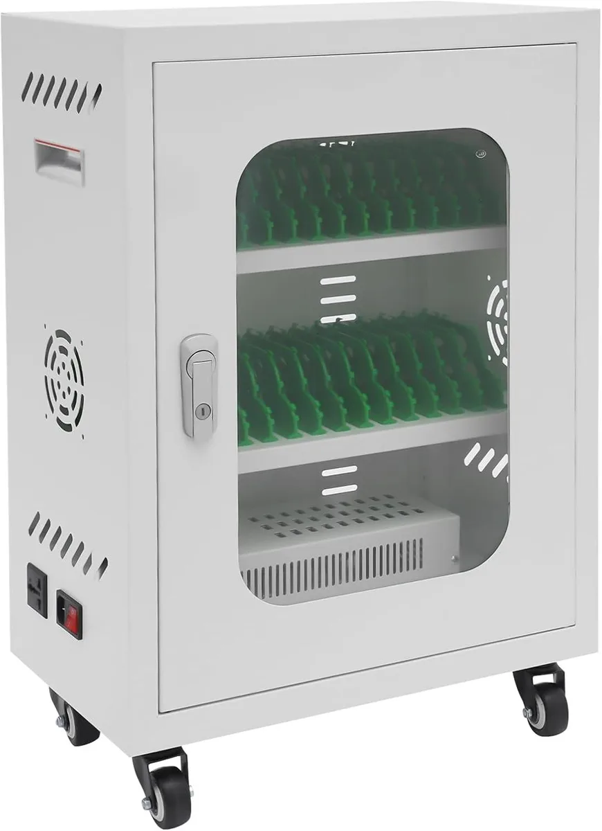 White rectangular steel cabinet with tempered glass front, 30 phone slots, four wheels, lock and keys