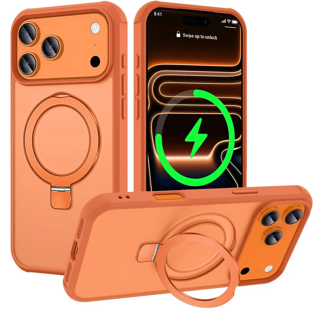 ViewSonic iPhone 17 Pro Max case in Cosmic Orange with metal ring stand