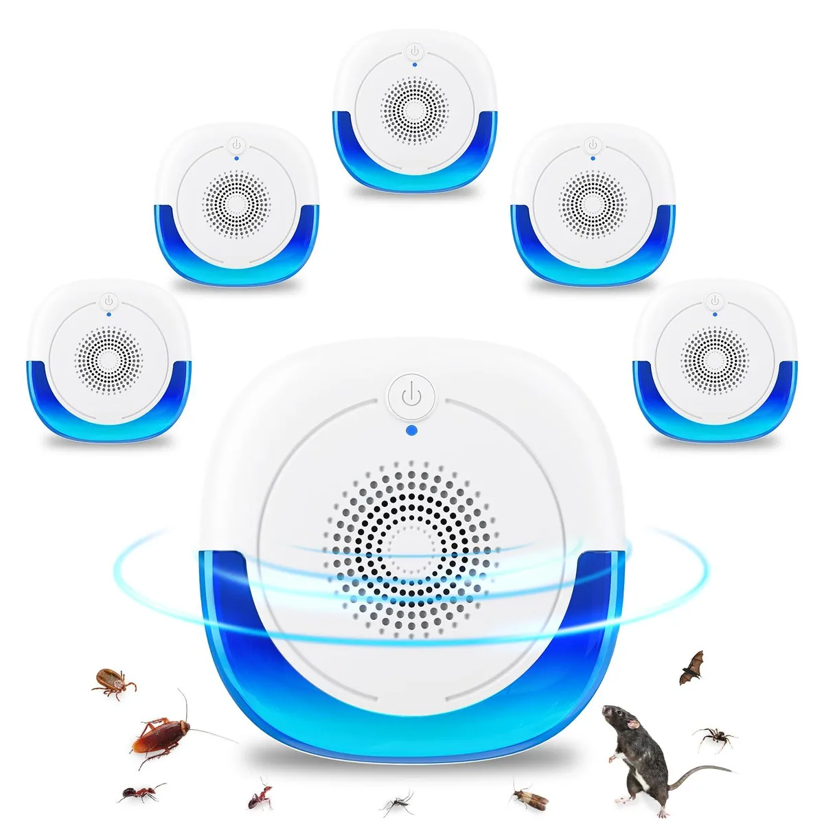 Six white plastic plug-in repellers with night-light fronts