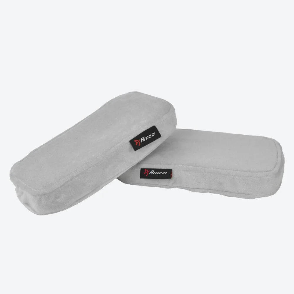 Grey memory foam armrest pads with velvet cover and elastic straps