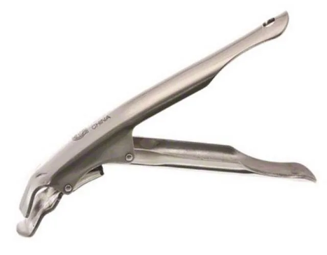 Stainless steel pan gripper with curved handles, silver finish
